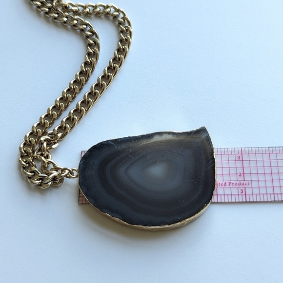 Express Tan Sliced Agate Large Stone Necklace Thick Gold Tone Chain Gold Edging - Picture 8 of 10